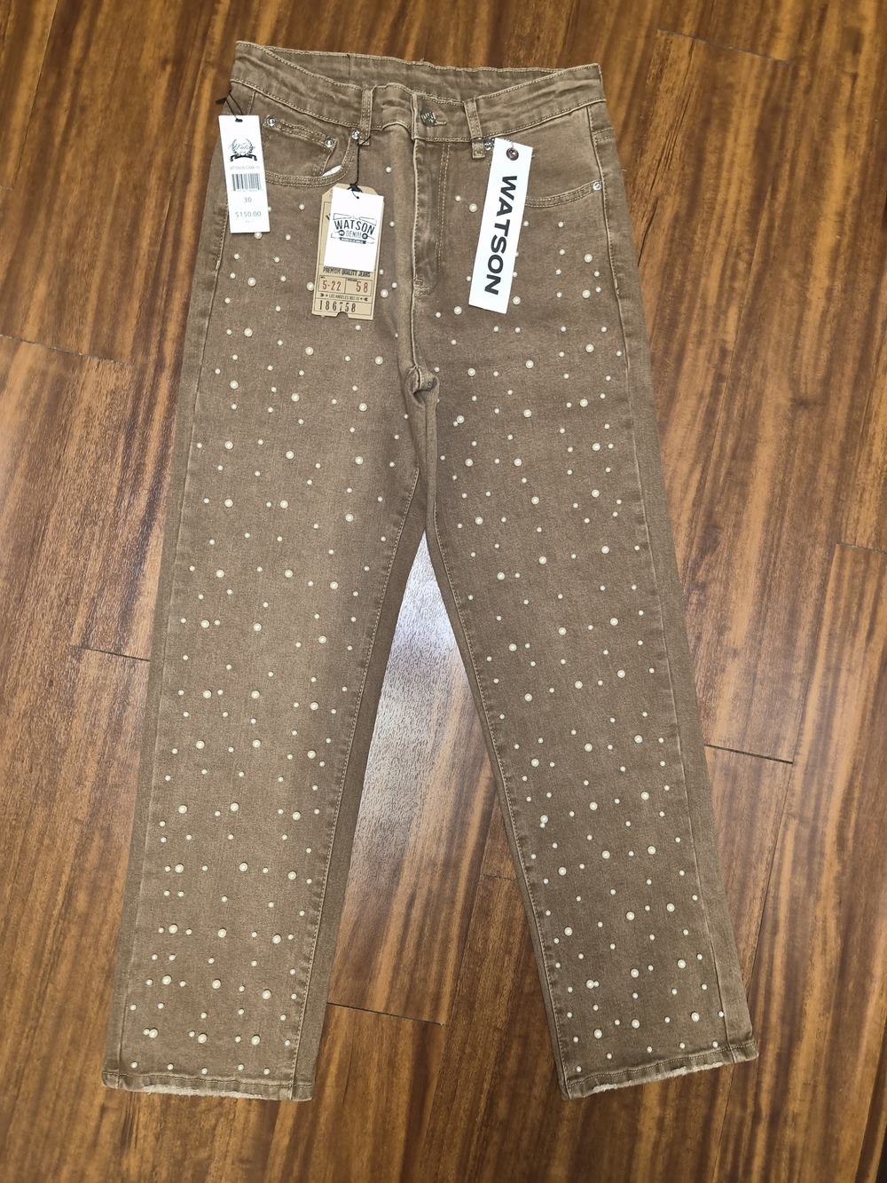 Watson Straight-Leg Pearl-Studded Jeans in Brown